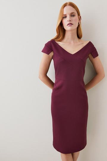 Petite Structured Crepe Tailored Cross Detail Midi Dress merlot