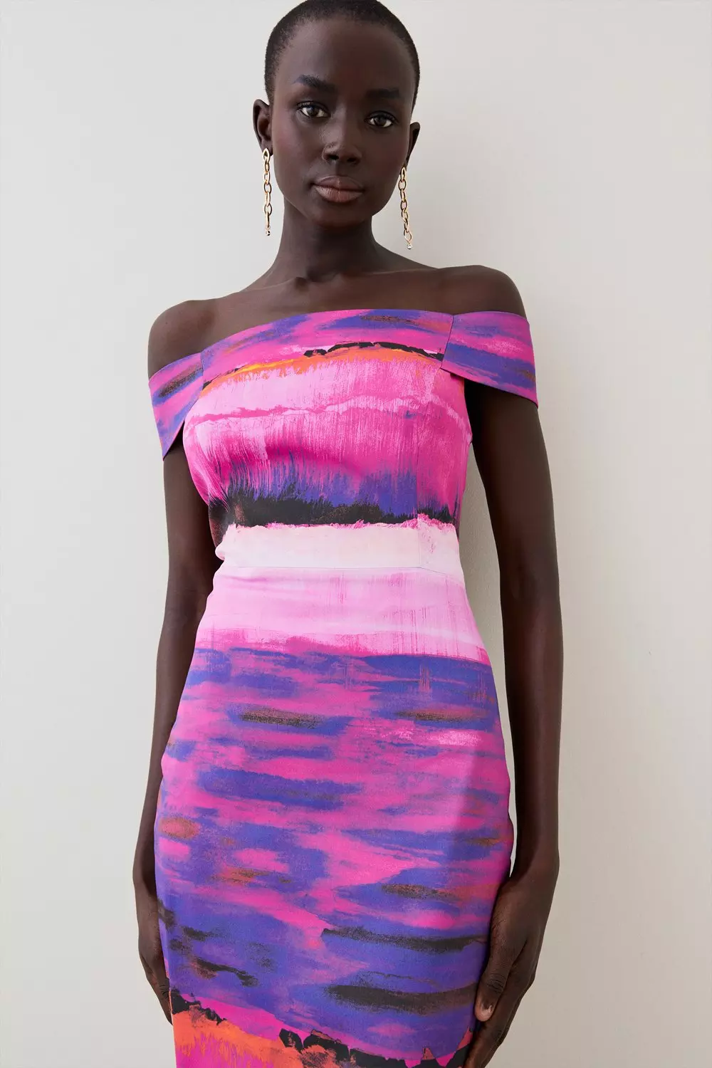 Forever unique pink printed bardot midi dress hotsell