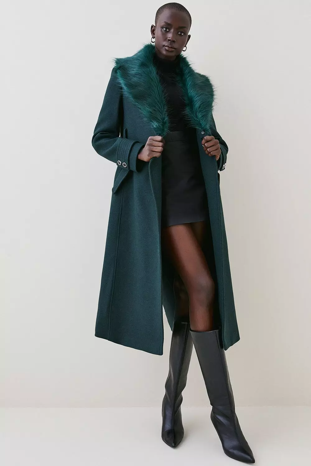 Italian Wool Blend Belted Faux Fur Collar Coat Karen Millen