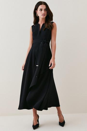 Petite Compact Viscose Tailored Waterfall Midi Dress black