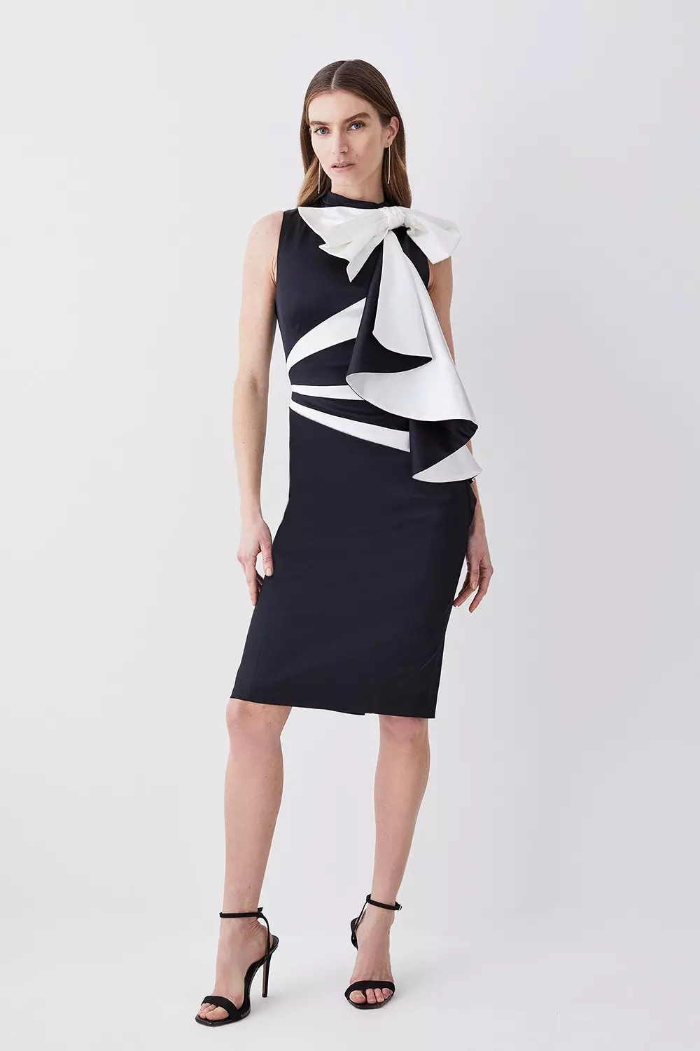 Italian Structured Satin Bow Pencil Midi Dress Karen Millen