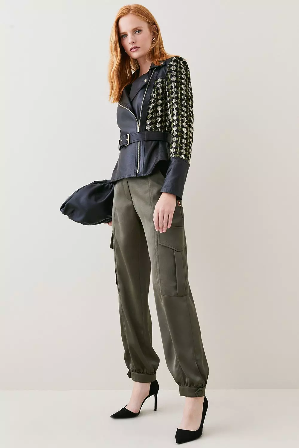 Leather And Tweed Mix Peplum Biker | Karen Millen
