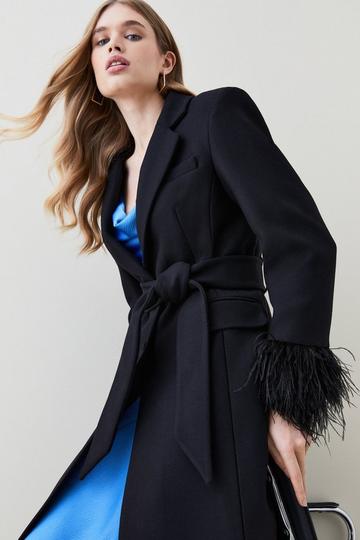 Italian Virgin Wool Feather Cuff Tailored Coat black