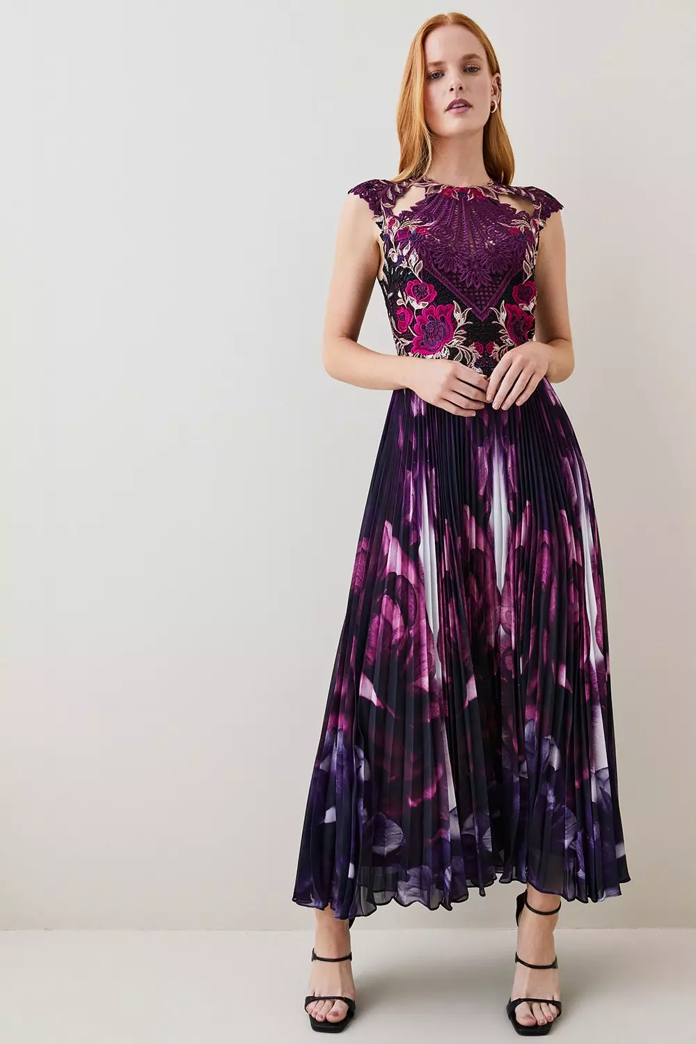 Metallic Guipure Lace Mirrored Pleat Midi Dress | Karen Millen