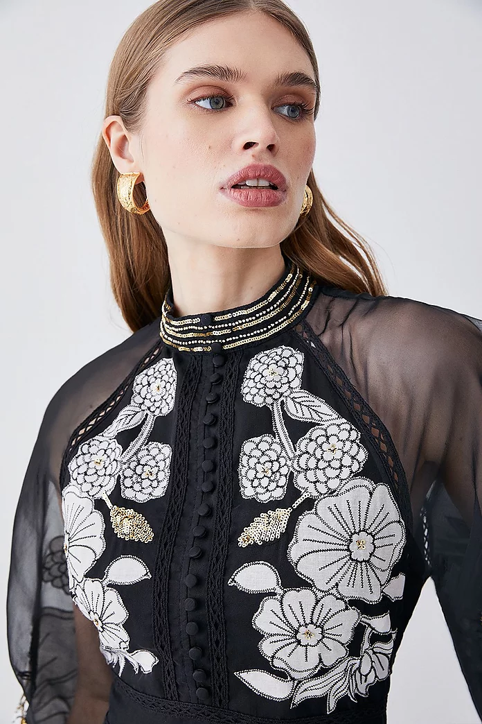 Organdie Applique Buttoned Woven Midi Dress | Karen Millen Organdie Applique Buttoned Woven Midi Dress | Karen Millen