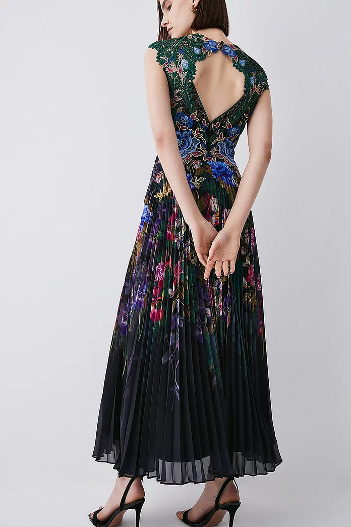 Metallic Guipure Lace Placed Floral Pleat Midi Dress | Karen Metallic Guipure Lace Placed Floral Pleat Midi Dress | Karen
