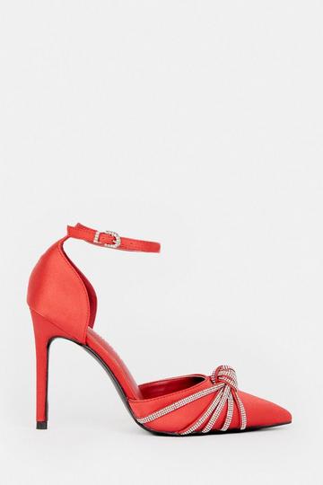 Satin Diamante Knot Stiletto Heel red