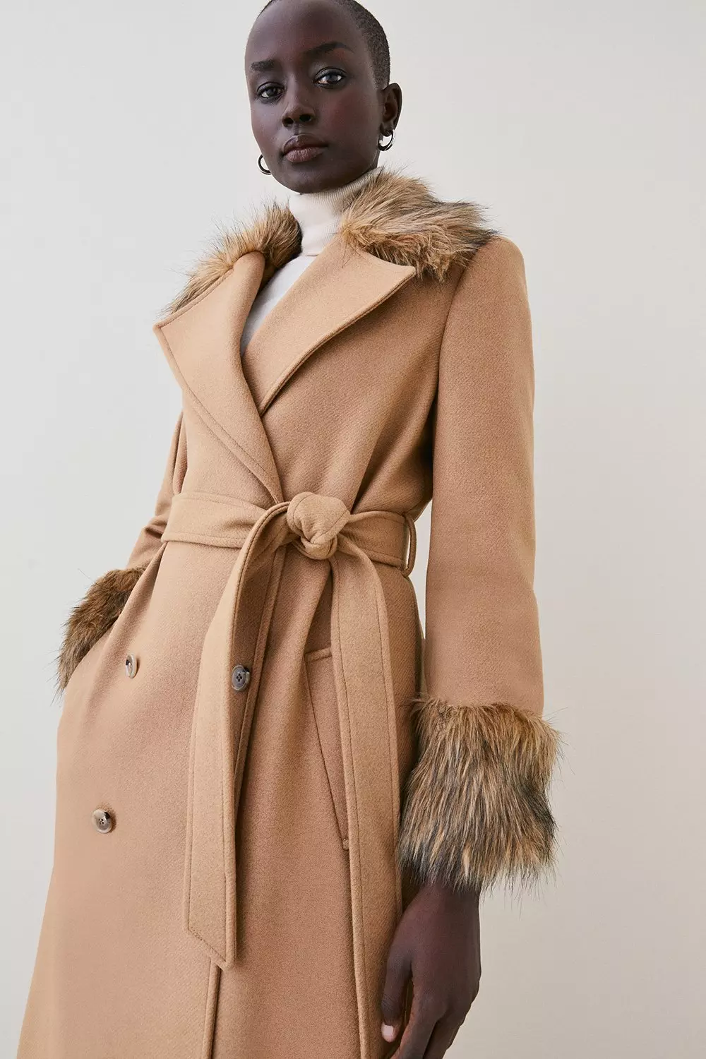 Italian Virgin Wool Faux Fur Collar And Cuff Belted Wrap Coat Karen Millen