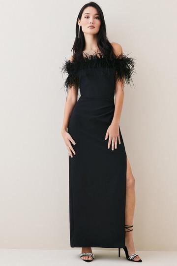 Black Feather Bardot Stretch Crepe Tailored Maxi Dress