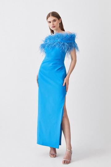 Blue Feather Off The Shoulder Stretch Crepe Maxi Dress