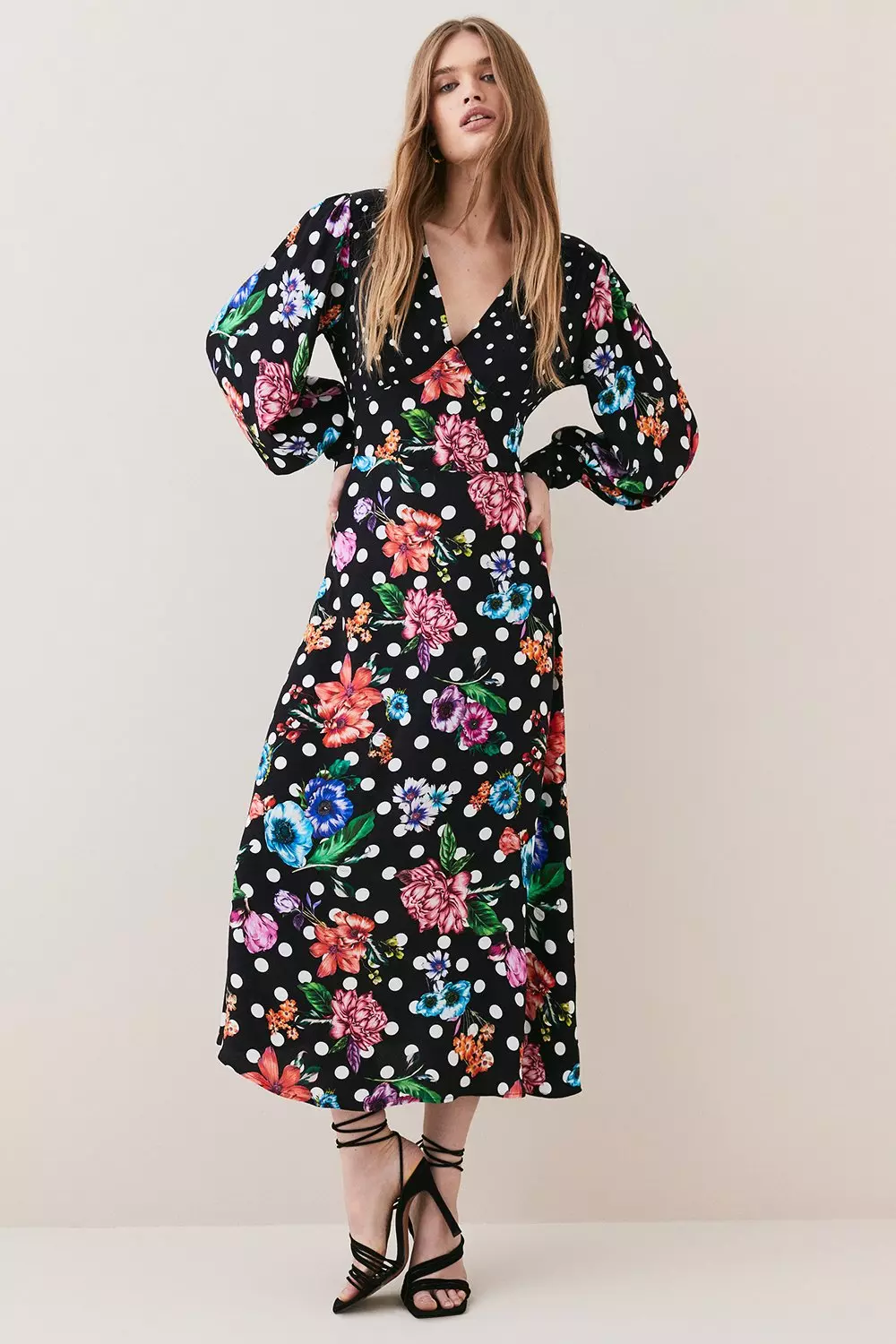 Spots And Floral Plunge Neck Woven Midi Dress alternative image
