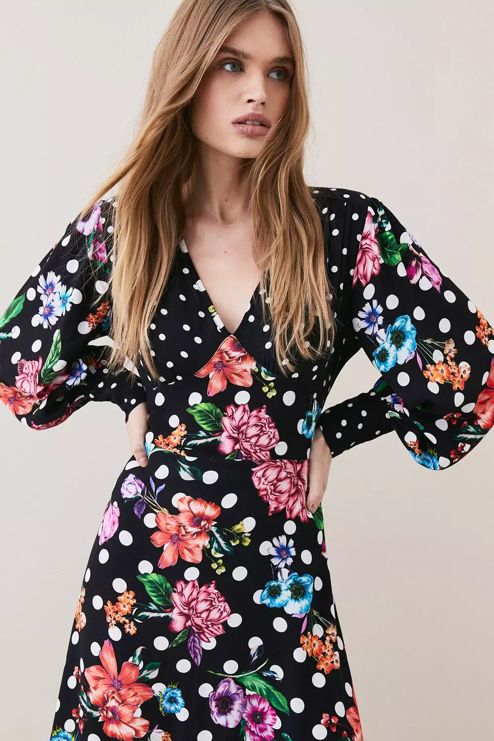 Spots And Floral Plunge Neck Woven Midi Dress alternative image