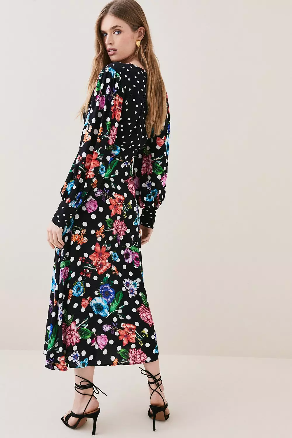Spots And Floral Plunge Neck Woven Midi Dress alternative image