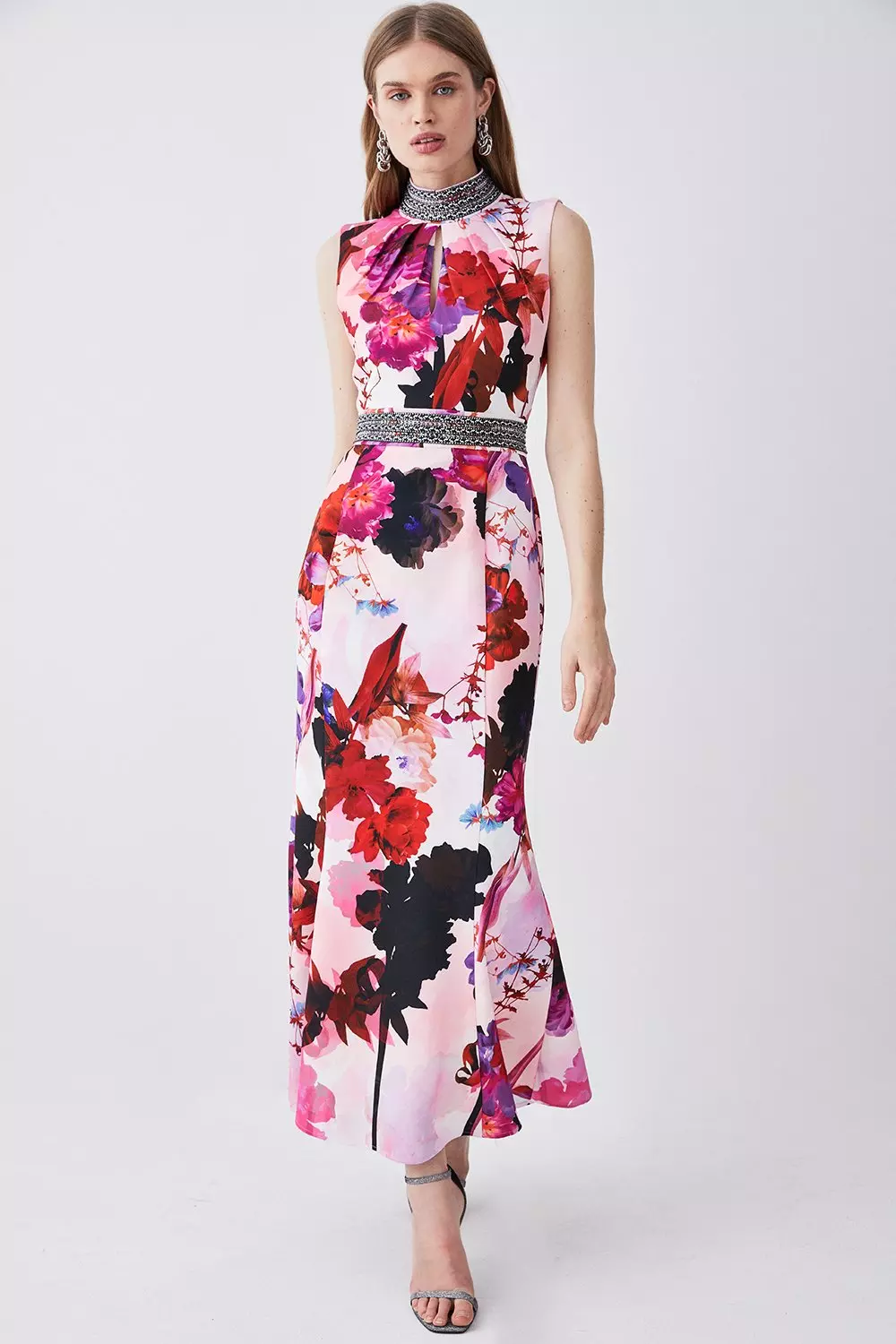KAREN MILLEN*半袖 トリム ディテール ジャージー マキシドレス Diamante Trim Floral Woven Maxi Dress | Karen Millen