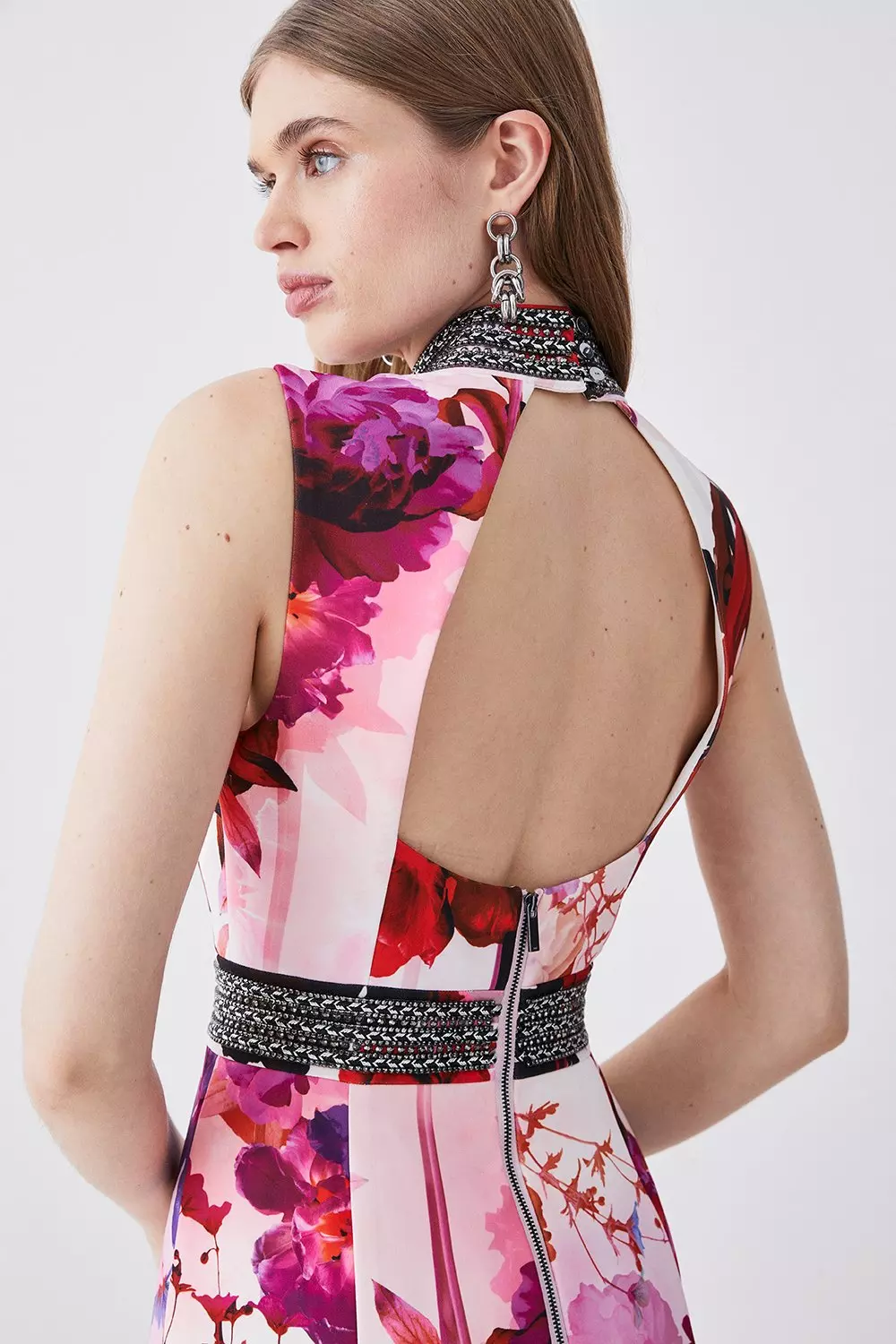 ◆KAREN MILLEN◆ ホルターネックオープンバックドレス/hot pink Taffeta Ruffle Bardot Mini Dress With Train | Karen Millen