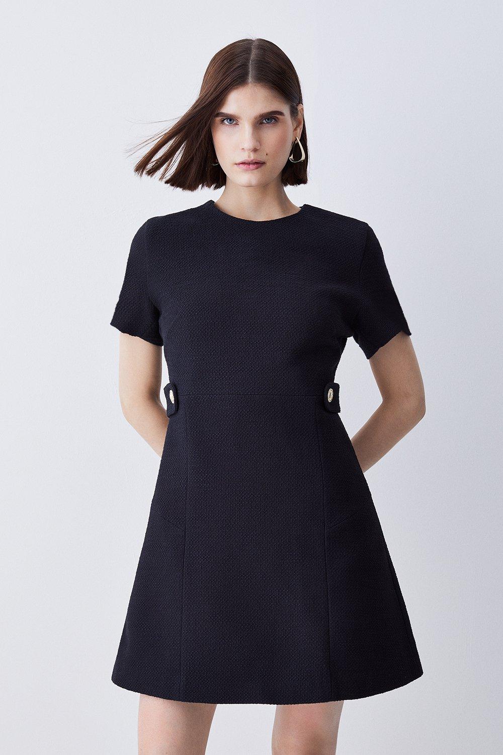 Boucle Tab Button Detail A Line Mini Dress | Karen Millen