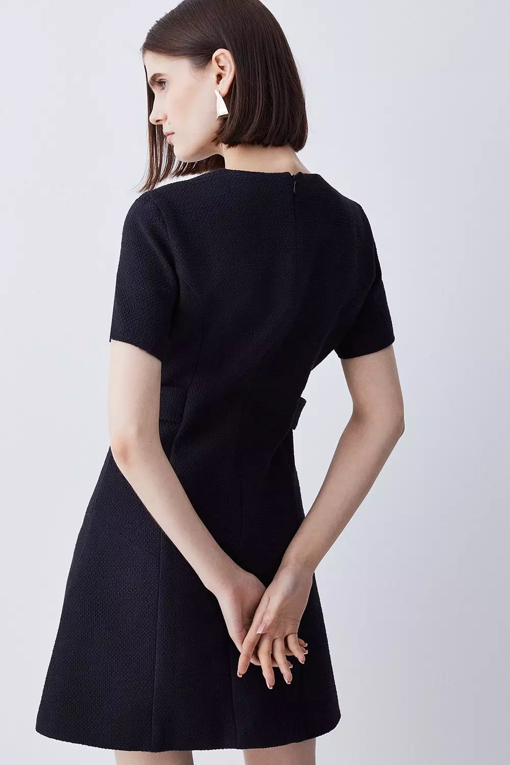 Boucle Tab Button Detail A Line Mini Dress | Karen Millen