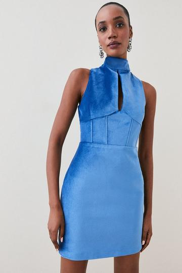 Velvet Corset Waist Detail Halter Mini Dress aqua