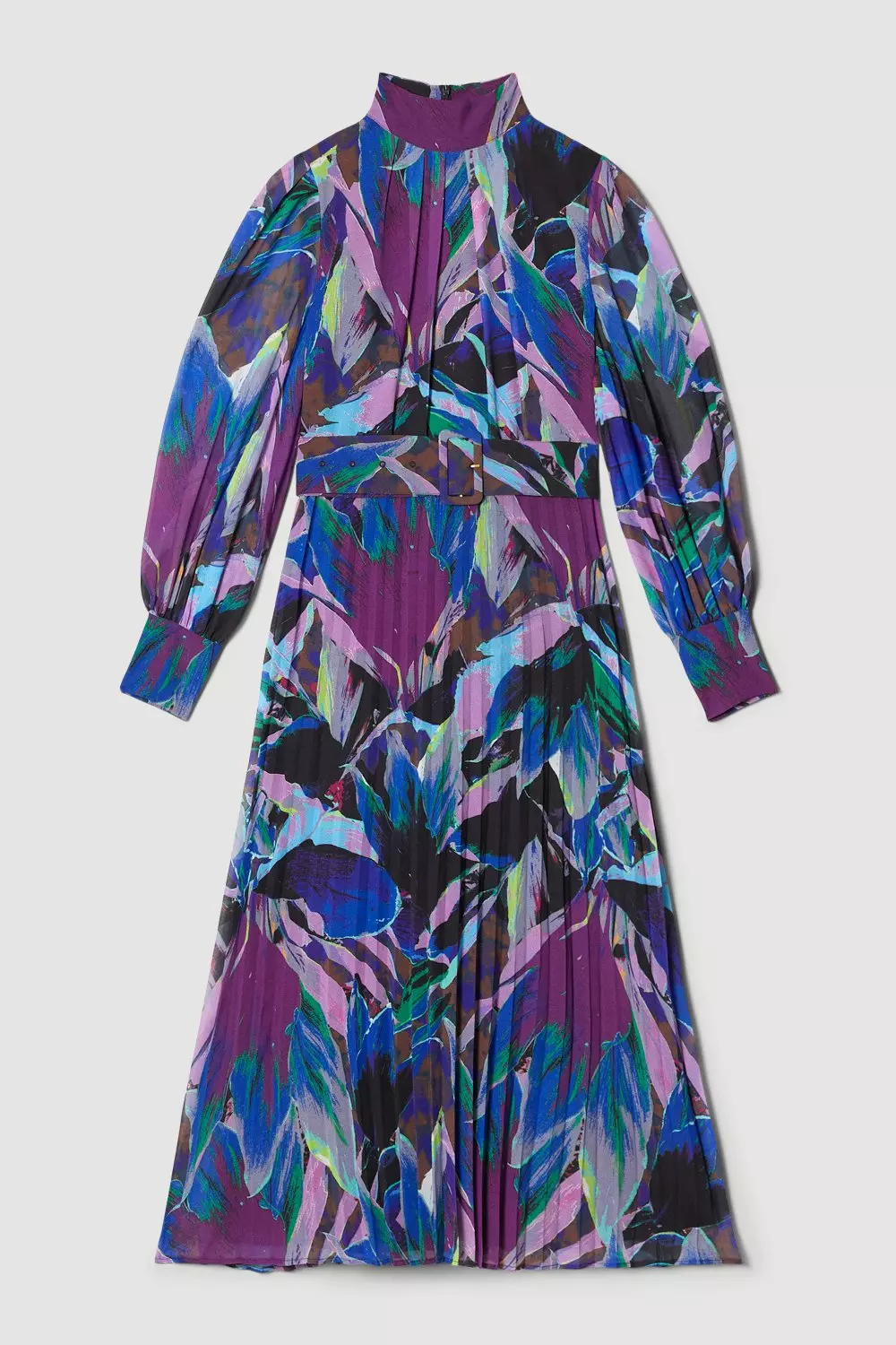 Abstract Floral Georgette Belted Pleated Woven Midi Dress