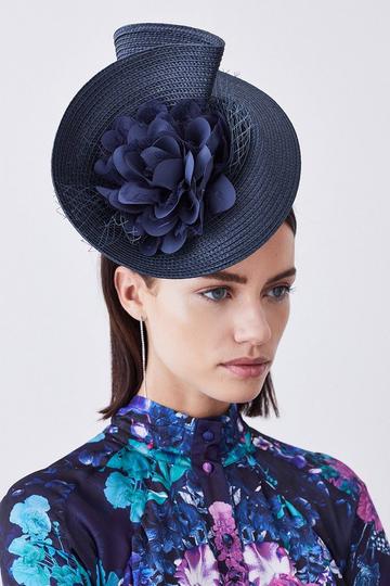 Navy Asymmetric Flower & Feather Fascinator