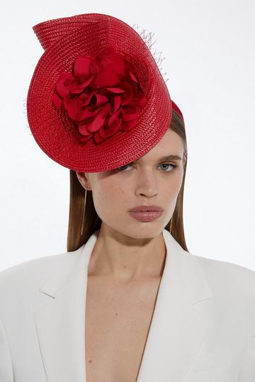 Asymmetric Flower & Feather Fascinator red