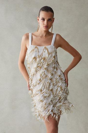 Square Neck Embellished Fringed Mini Dress ivory