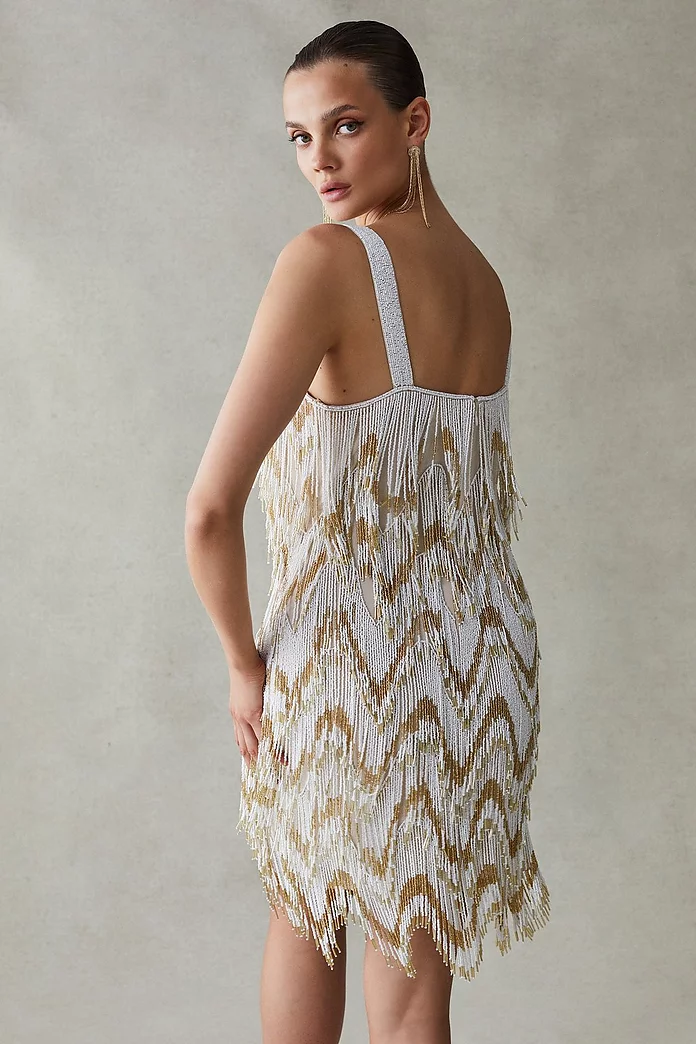 Square Neck Embellished Fringed Mini Dress | Karen Millen Square Neck Embellished Fringed Mini Dress | Karen Millen