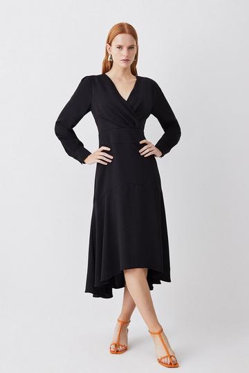 Soft Tailored Wrap Sleeved High Low Midi Dress black