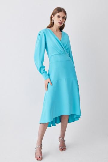 Blue Soft Tailored Wrap Sleeved High Low Midi Dress