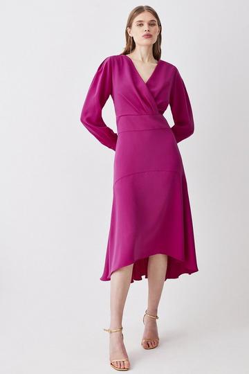 Soft Tailored Wrap Sleeved High Low Midi Dress magenta