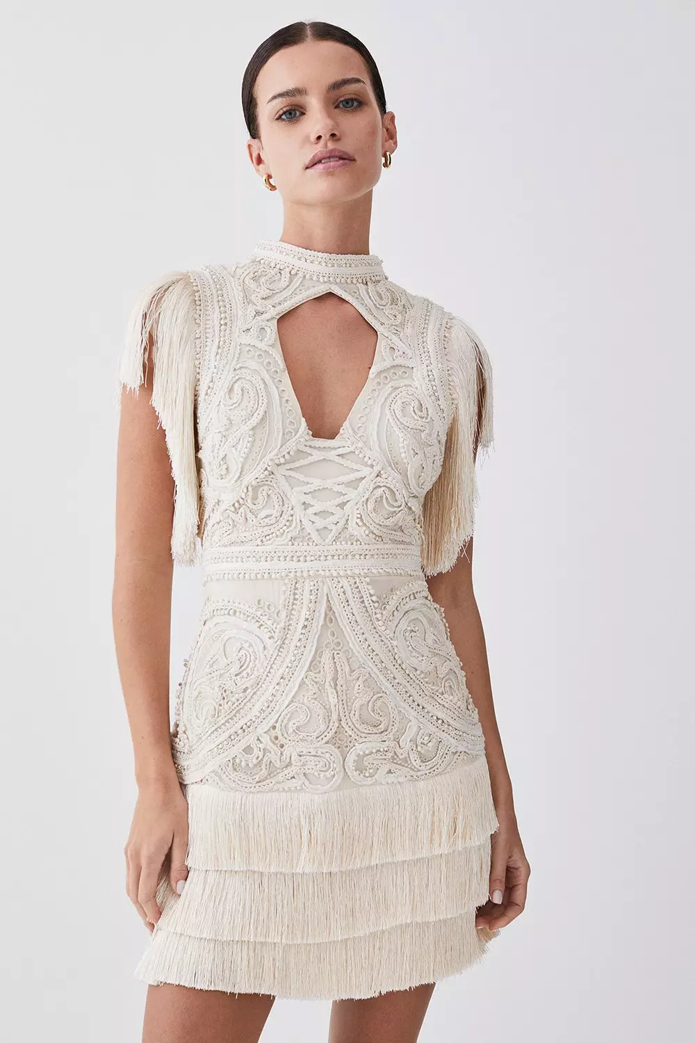 Petite Cornelli Embellished Fringed Woven Dress Karen Millen