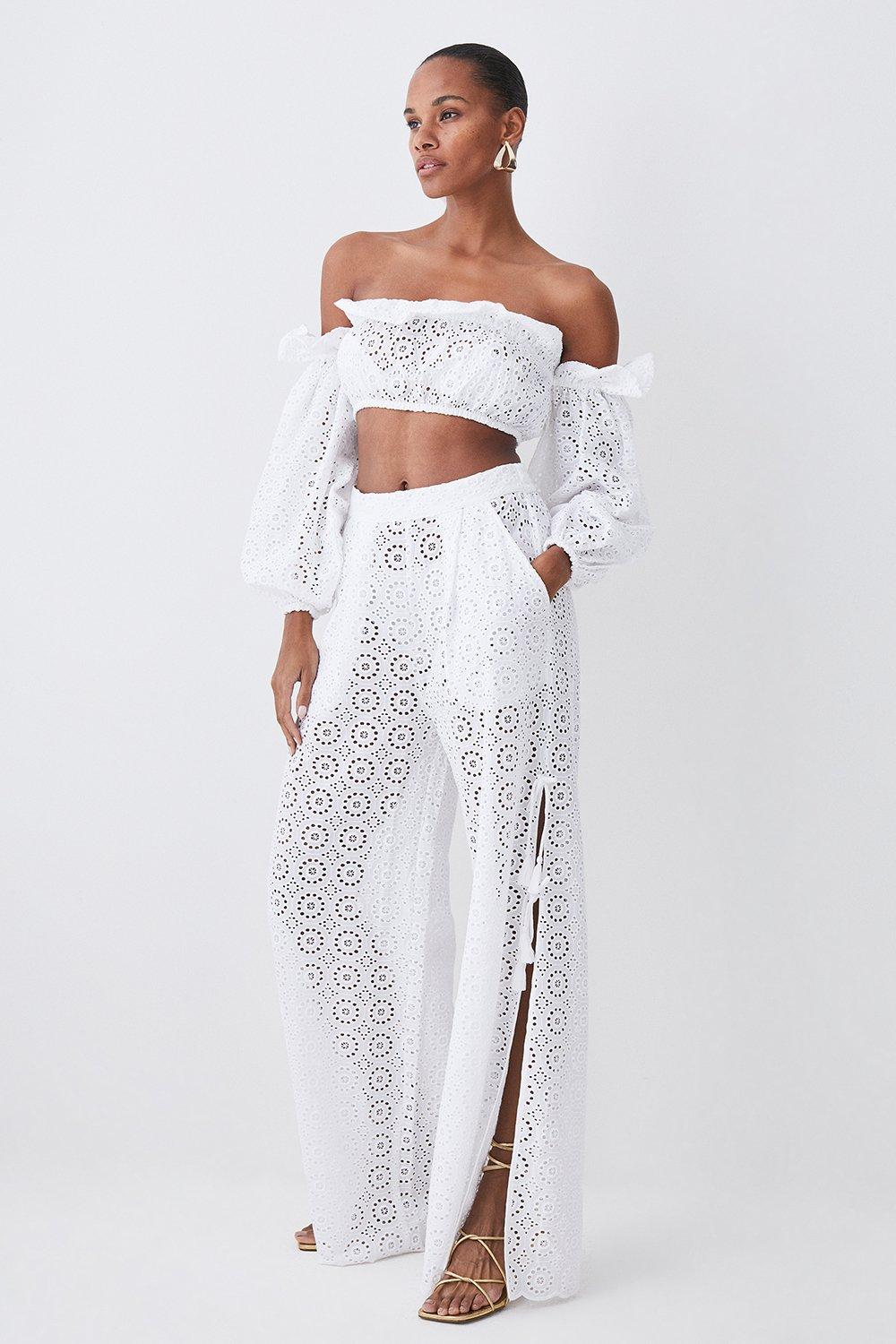 White Beach Eyelet Split Leg Pants