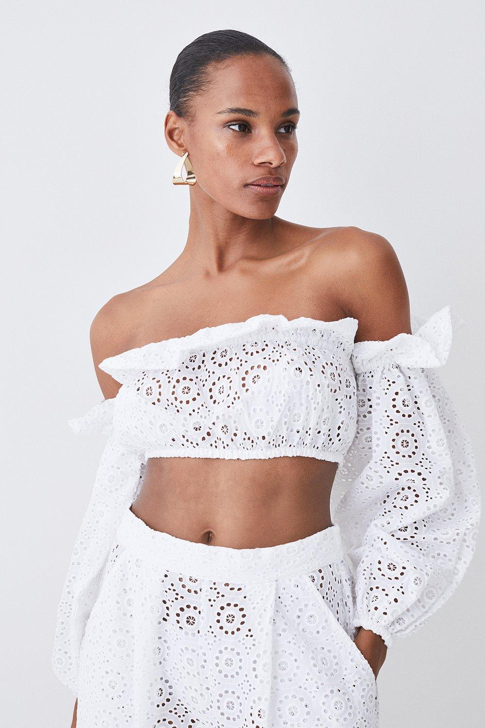 White Beach Woven Bardot Broderie Top