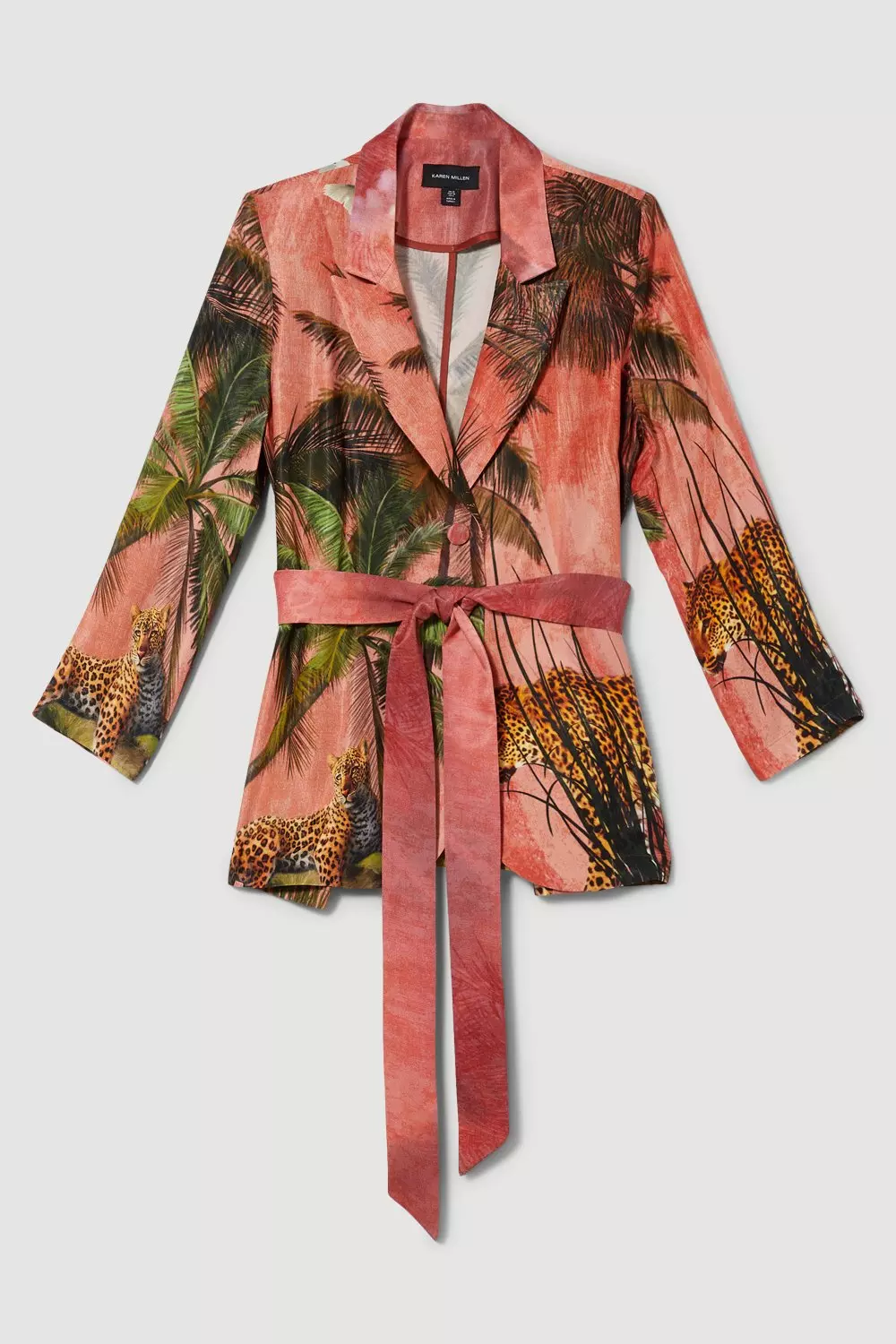 Petite Satin Palm Print Belted Woven Jacket Karen Millen