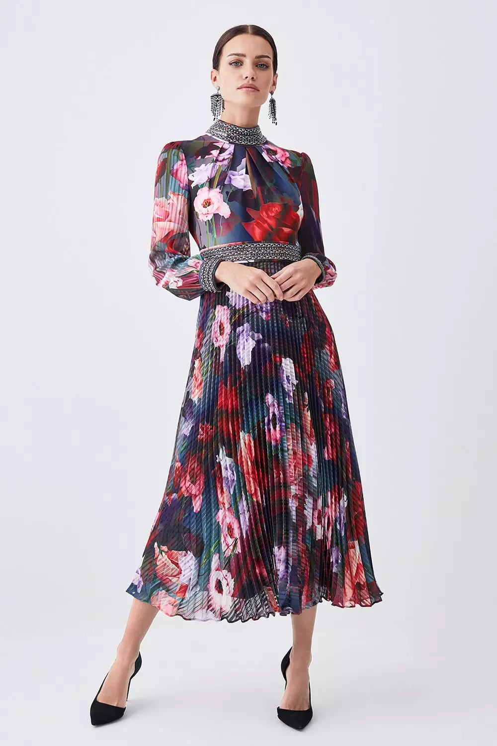 安心追跡【KAREN MILLEN】ディアマンテトリムフローラル柄マキシ Tall Diamante Trim Floral Woven Maxi Dress | Karen Millen