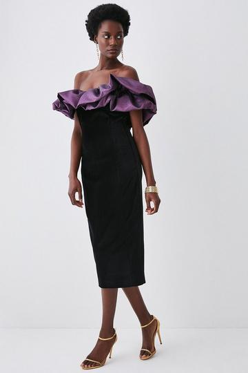 Black Jacquard Contrast Ruffle Off The Shoulder Midi Dress