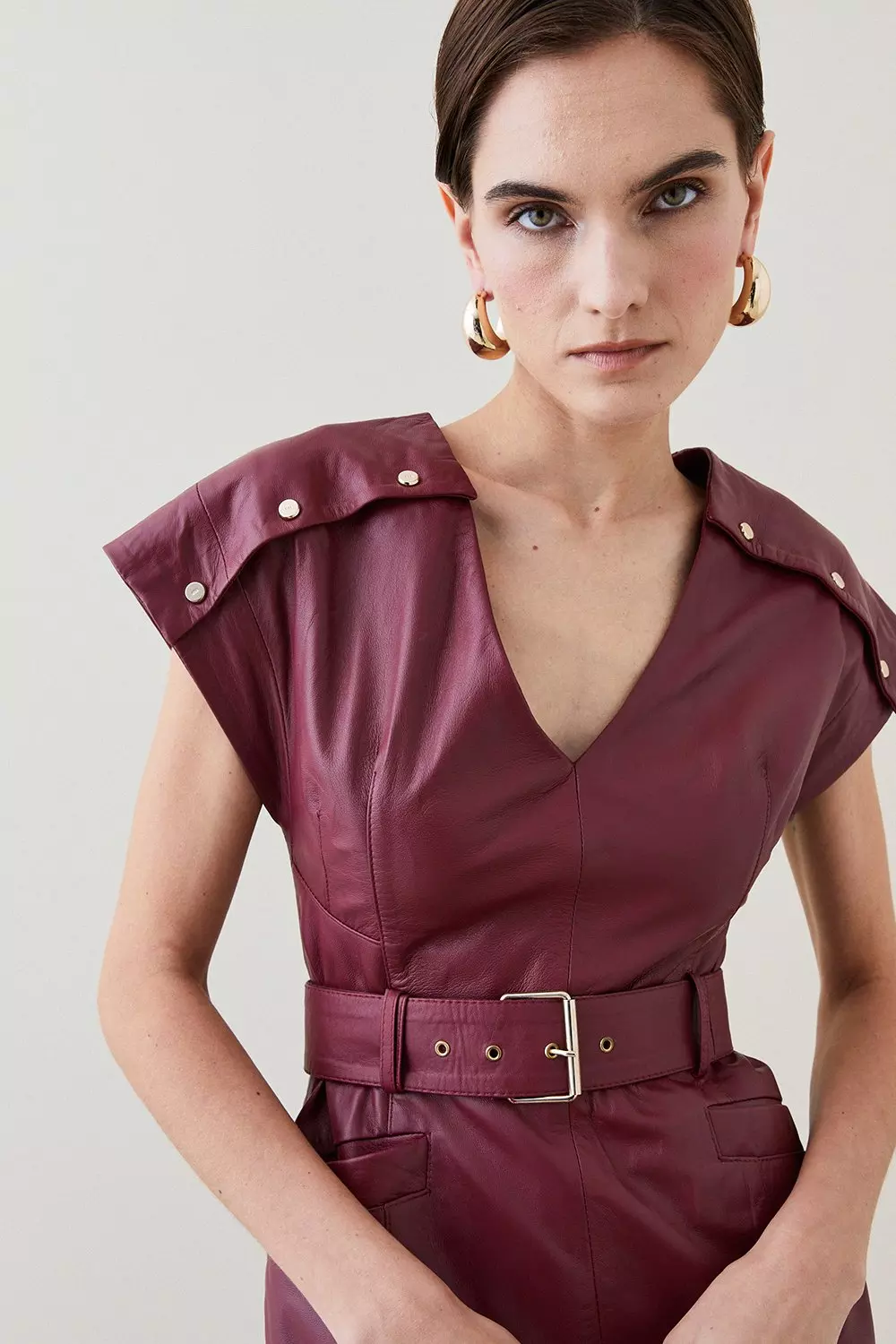 Berry Leather Button Detail Shoulder Belted Midi Pencil Dress alternative image