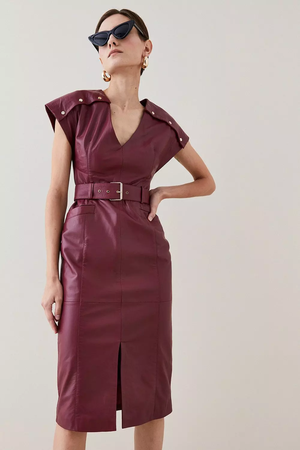 Berry Leather Button Detail Shoulder Belted Midi Pencil Dress alternative image