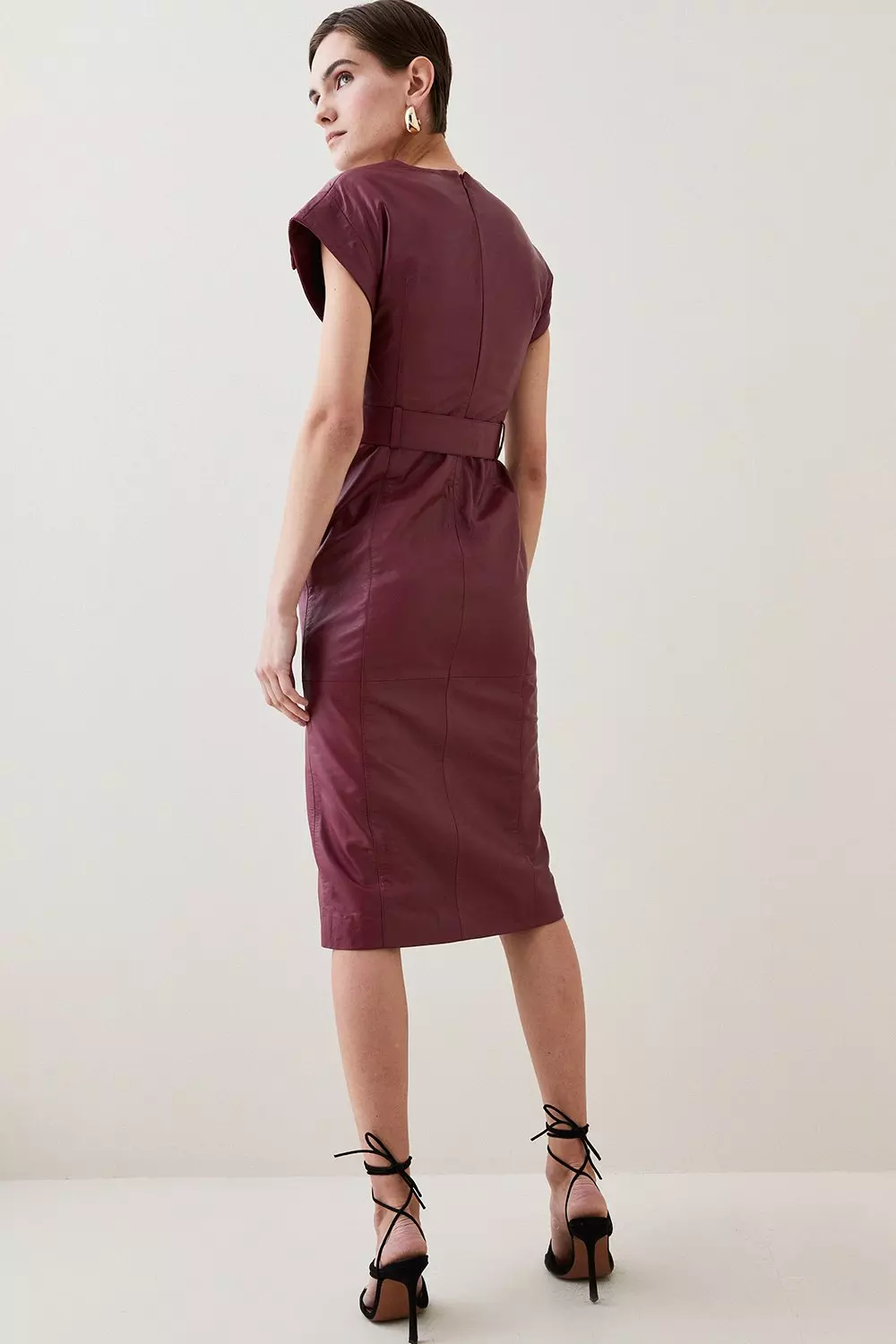 Berry Leather Button Detail Shoulder Belted Midi Pencil Dress alternative image