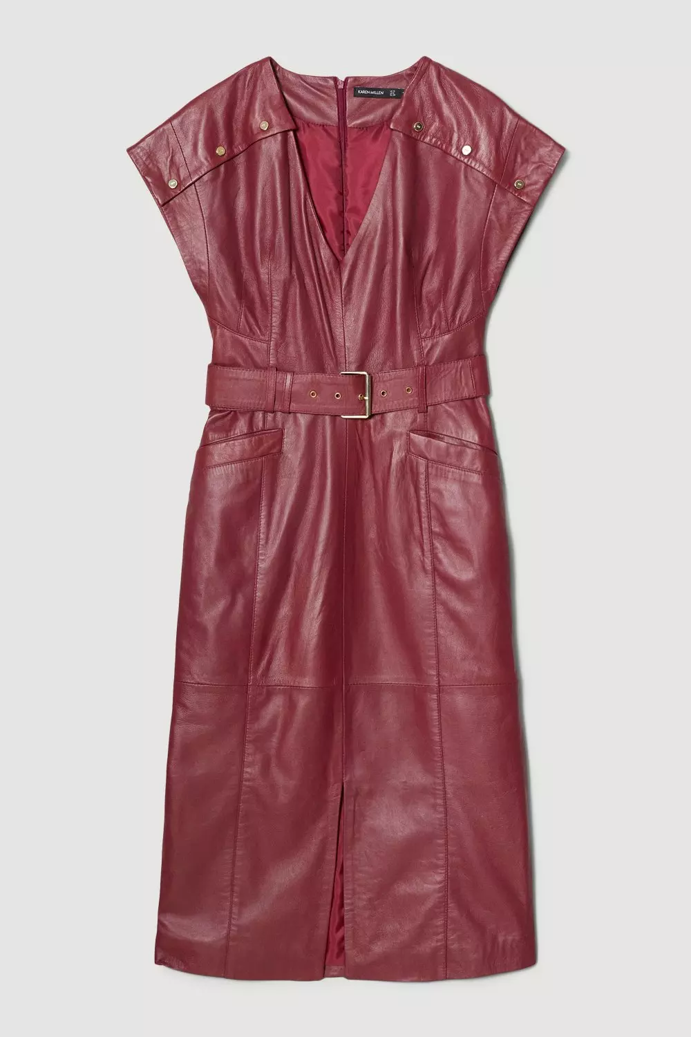 Berry Leather Button Detail Shoulder Belted Midi Pencil Dress alternative image