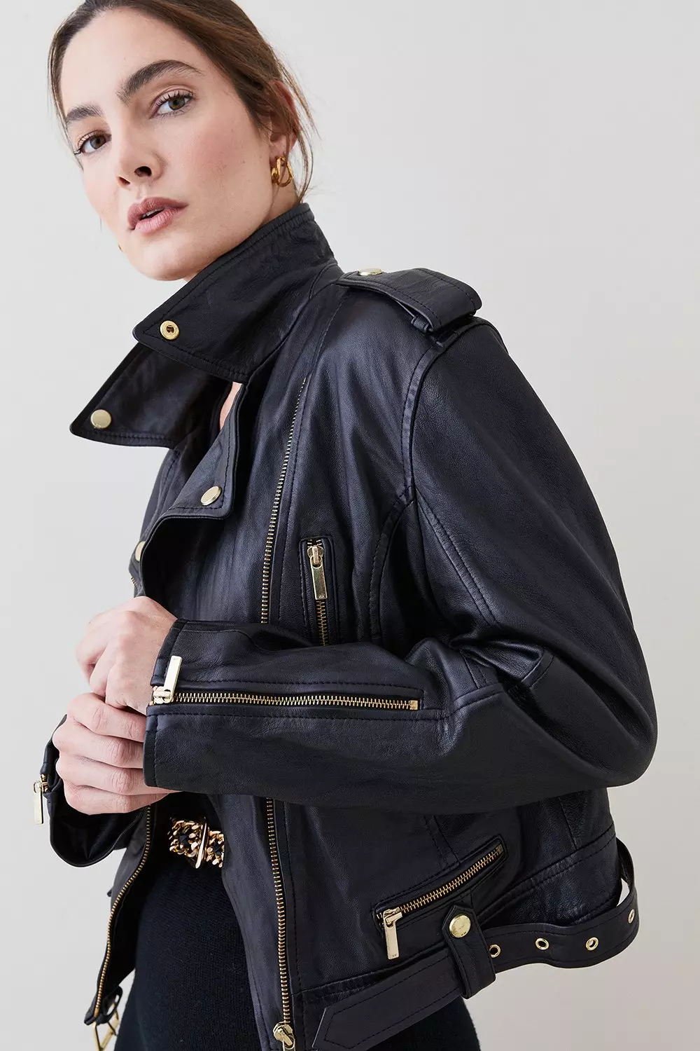 Leather Oversize Crop Washed Biker Jacket Karen Millen