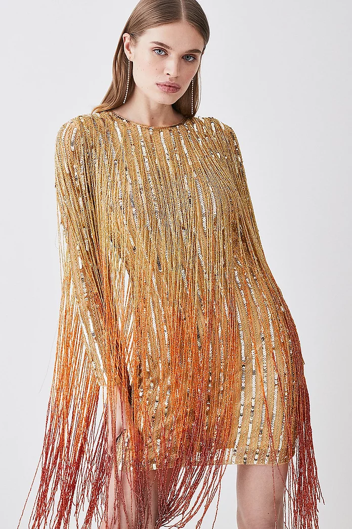 Petite Beaded Fringed Woven Mini Dress | Karen Millen Petite Beaded Fringed Woven Mini Dress | Karen Millen