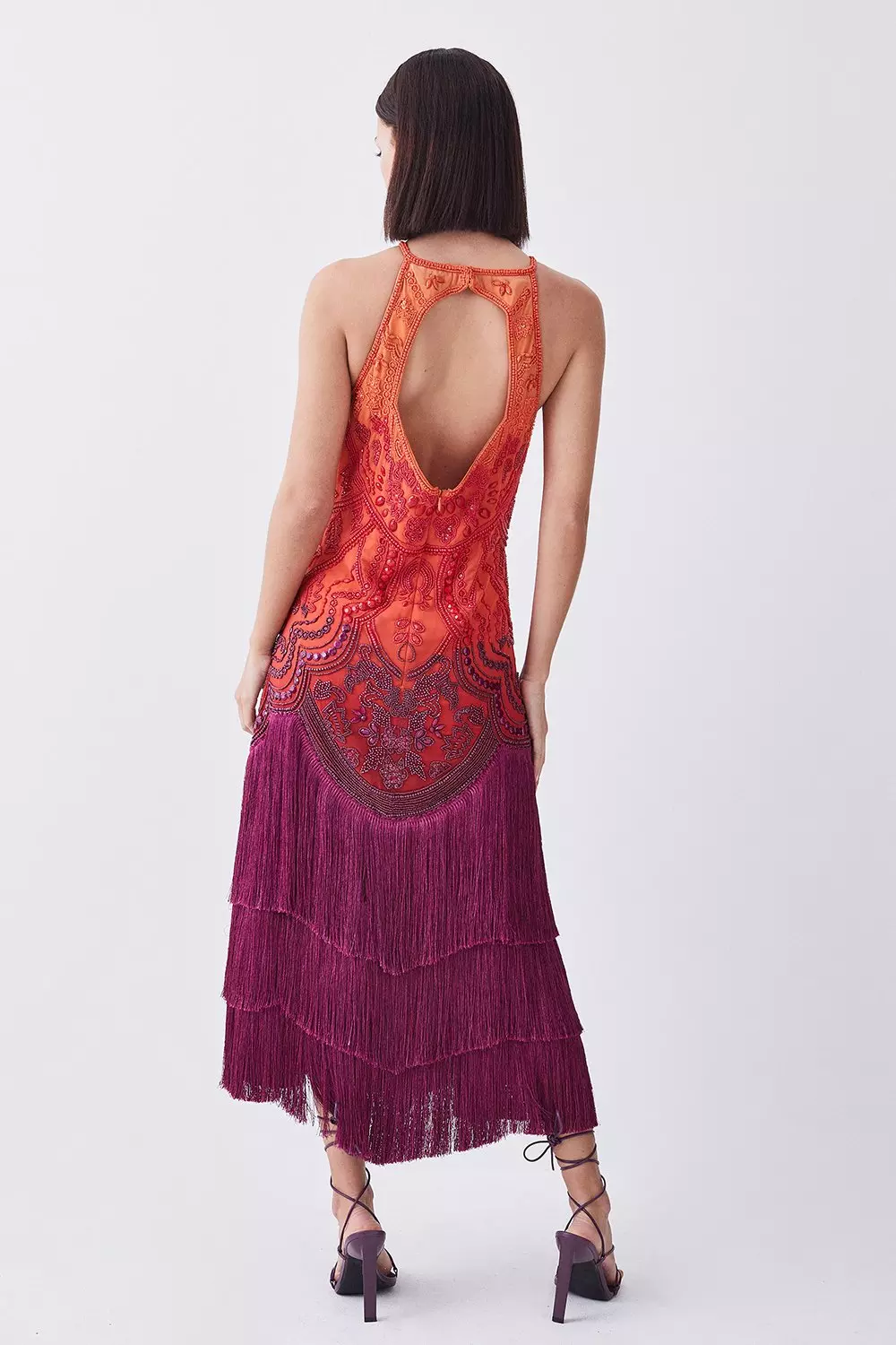 KAREN MILLEN* ショールカラー ラッフルフリルヘム ミディドレス Petite Butterfly Metallic Beaded Cuff Woven Midi Dress