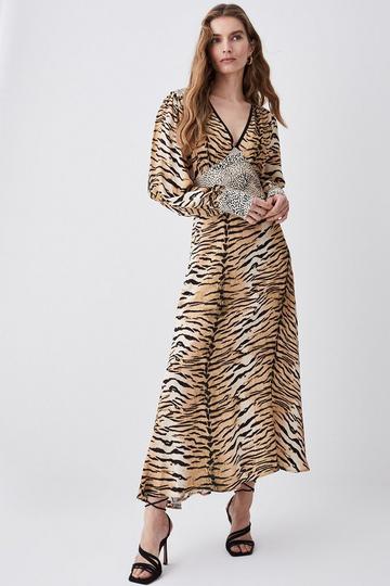 Animal Mixed Print Plunge Neck Woven Midi Dress animal
