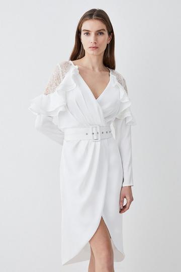 White Satin And Lace Ruffle Woven Midi Dress