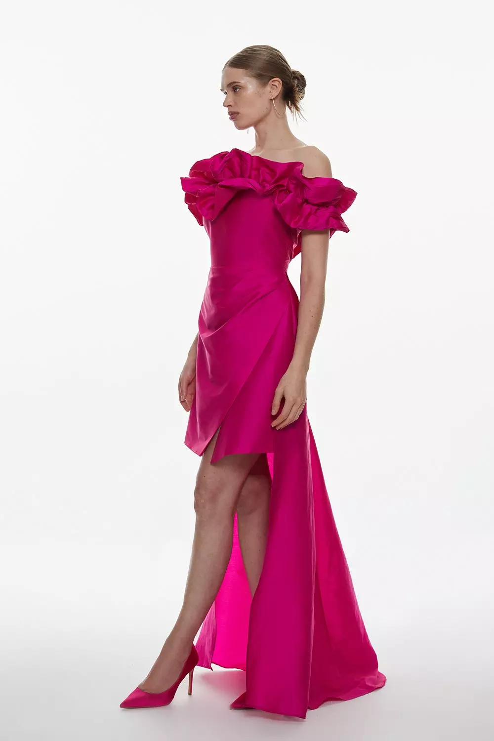 Taffeta Ruffle Bardot Mini Dress With Train | Karen Millen