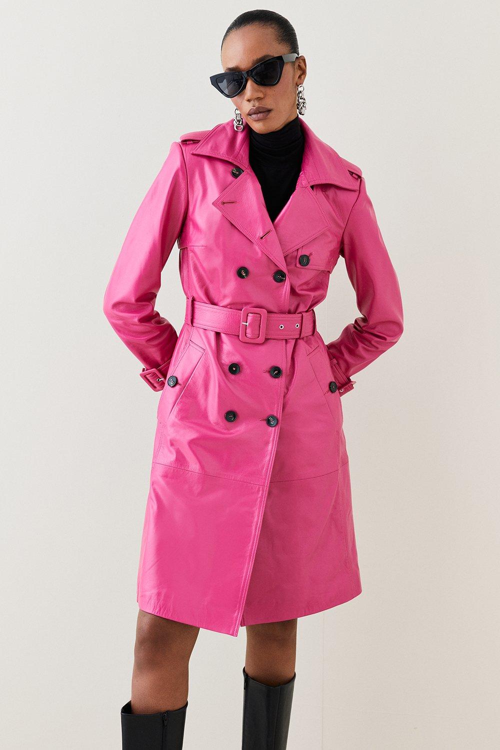 pink leather trench coat