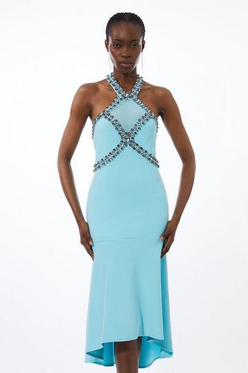 Blue Embellished High Low Figure Form Dress