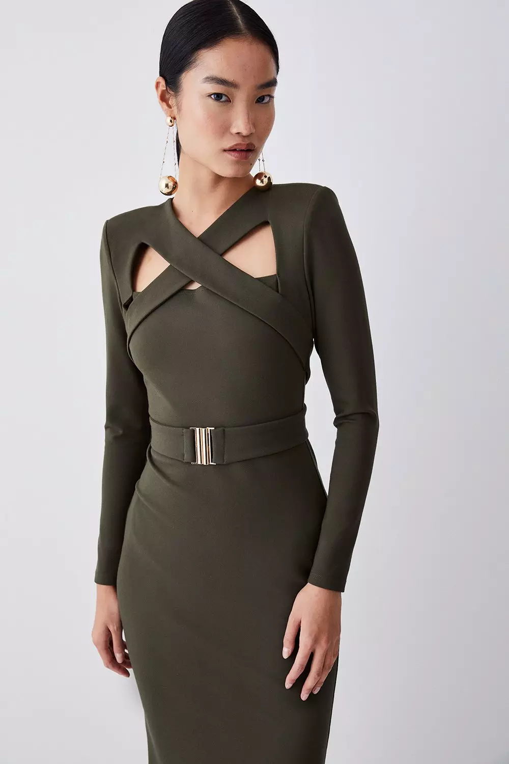 Strong Shoulder Cut Out Long Sleeve Self Belted Ponte Midi Dress | Karen  Millen