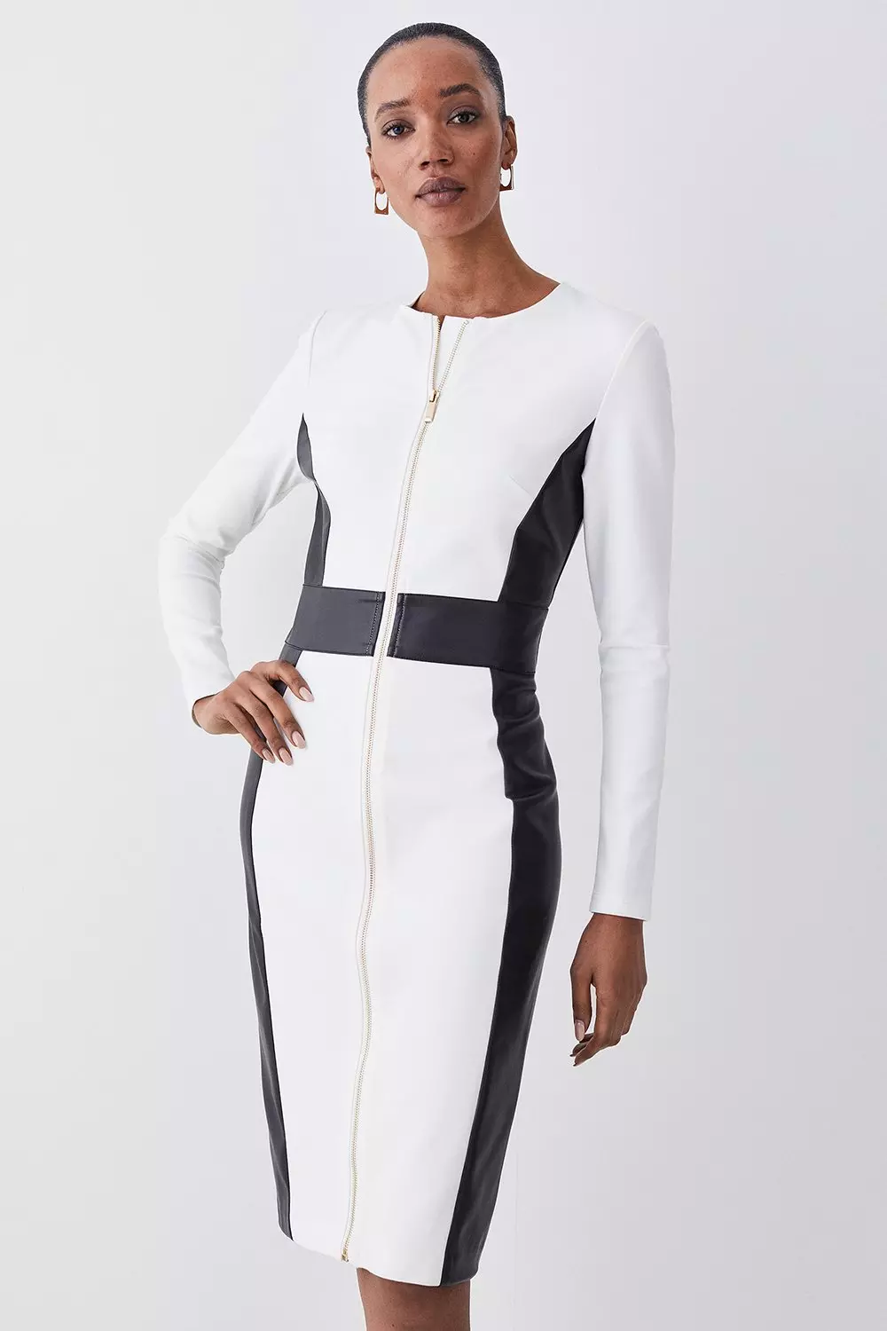 Zip Front Ponte And Pu Long Sleeve Midi Dress Karen Millen